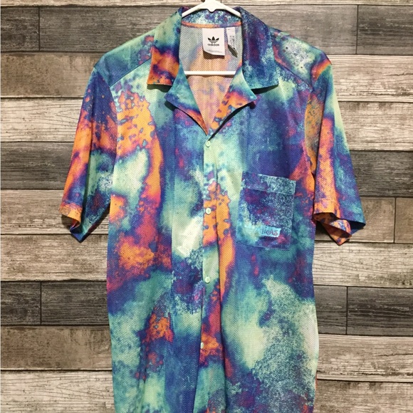 Adidas Mesh Jersey Button Up Shirt Men’s S Blue Tie Dye Embroidered Lightweight - Picture 5 of 10